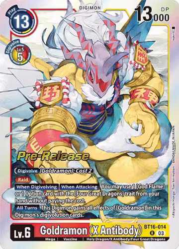 Goldramon (X Antibody) (BT16-014 R), Beginning Observer Pre-Release Cards — Digimon card price