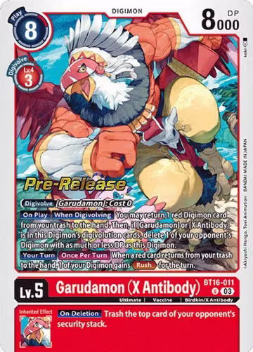 Garudamon (X Antibody) (BT16-011 U), Beginning Observer Pre-Release Cards — Digimon card price