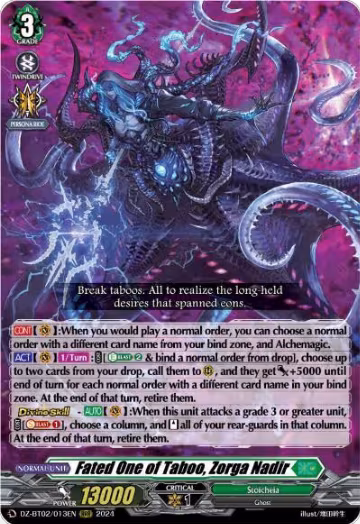 Fated One of Taboo, Zorga Nadir (DZ-BT02/013EN), DZ-BT02: Illusionless Strife — Vanguard card price