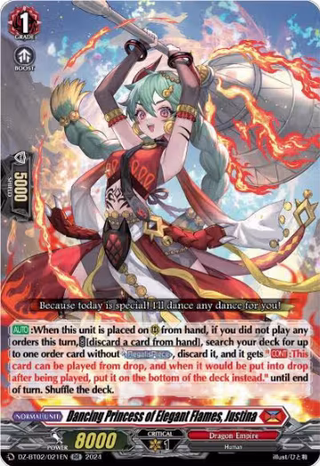Dancing Princess of Elegant Flames, Justina (DZ-BT02/021EN), DZ-BT02: Illusionless Strife — Vanguard card price