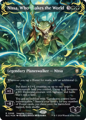Nissa, Who Shakes the World (Borderless) (Raised Foil) (96), Commander: Bloomburrow — Magic card price