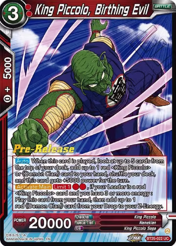 King Piccolo, Birthing Evil (BT25-022), Legend of the Dragon Balls Pre-Release Cards — DB Super card price