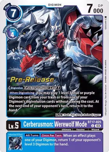 Cerberusmon: Werewolf Mode (BT17-025 U), Secret Crisis Pre-Release Cards — Digimon card price