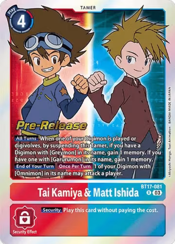 Tai Kamiya & Matt Ishida (BT17-081 R), Secret Crisis Pre-Release Cards — Digimon card price