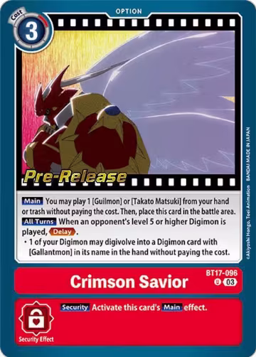 Crimson Savior (BT17-096 U), Secret Crisis Pre-Release Cards — Digimon card price