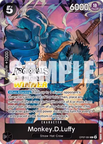 Monkey.D.Luffy (091) (Online Regional 2024 Vol. 3) [Winner] (OP07-091), One Piece Promotion Cards — One Piece card price