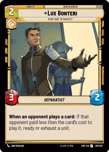 Lux Bonteri - Renegade Separatist (210/257), Twilight of the Republic — Star Wars card price