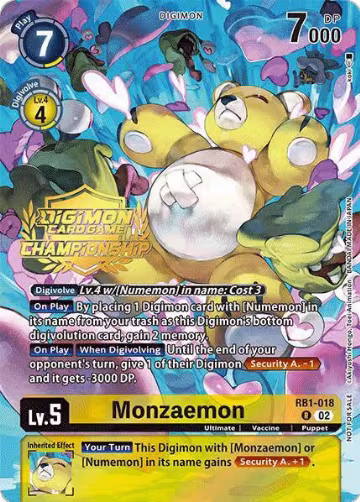 Monzaemon (Championship 2024 Tamers Pack) (RB1-018 R), Resurgence Booster — Digimon card price