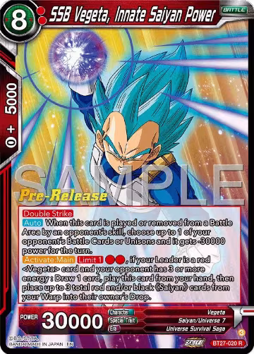 SSB Vegeta, Innate Saiyan Power (BT27-020), History of Z Pre-Release Cards — DB Super card price