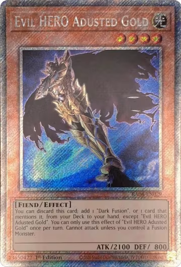 Evil HERO Adusted Gold (Platinum Secret Rare) (RA04-EN029), Quarter Century Stampede — Yu-Gi-Oh! card price