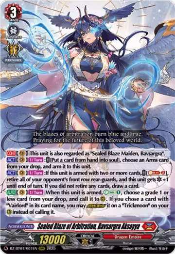 Sealed Blaze of Arbitration, Bavsargra Aksayya (DZ-BT07/001EN), DZ-BT07: Moon Fangs & Cerulean Blaze — Vanguard card price