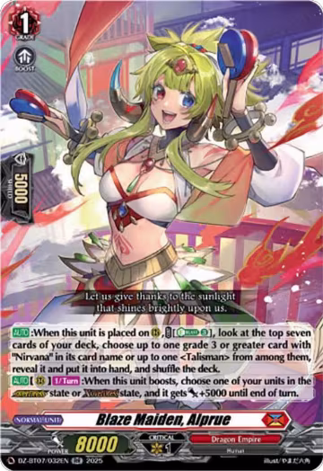Blaze Maiden, Alprue (DZ-BT07/032EN), DZ-BT07: Moon Fangs & Cerulean Blaze — Vanguard card price