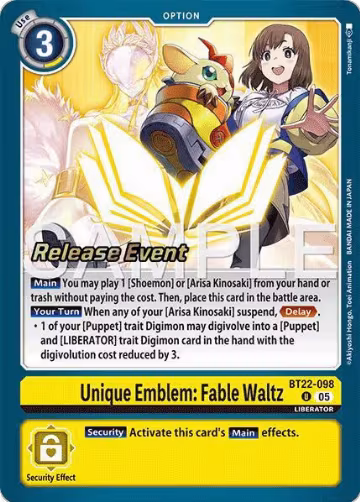 Unique Emblem: Fable Waltz (BT22-098 U), Cyber Eden Release Event Cards — Digimon card price
