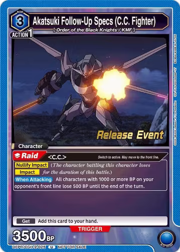Akatsuki Follow-Up Specs (C.C. Fighter) (UEPR/CGH-2-025), UEX03BT: CODE GEASS: Lelouch of the Rebellion Vol.2 Release Event Cards — Union Arena card price