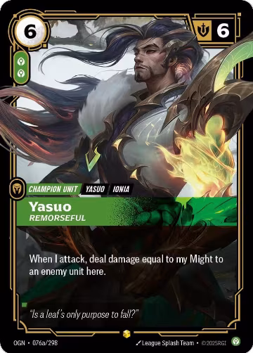 Yasuo, Remorseful (Alternate Art) (076a/298), Origins — Riftbound card price