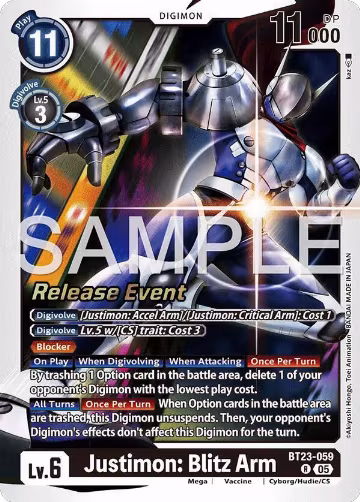Justimon: Blitz Arm (BT23-059 R), Hackers' Slumber Release Event Cards — Digimon card price