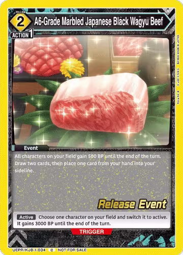 A6-Grade Marbled Japanese Black Wagyu Beef (UEPR/KJ8-1-034), Kaiju No. 8 Release Event Cards — Union Arena card price