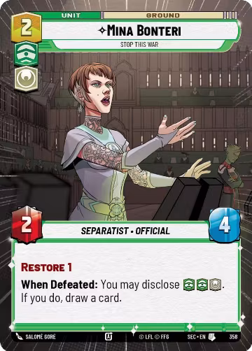 Mina Bonteri - Stop This War (Hyperspace) (358), Secrets of Power — Star Wars card price