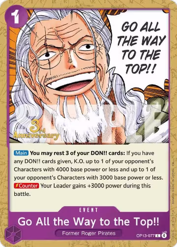 Go All the Way to the Top!! (OP13-077), Carrying On His Will: 3rd Anniversary Tournament Cards — One Piece card price