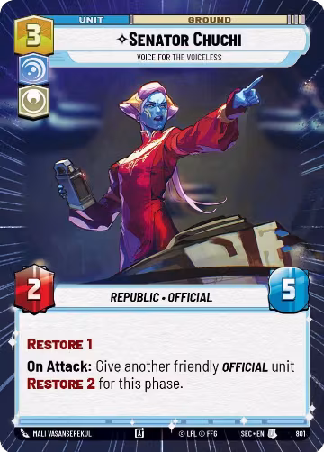 Senator Chuchi - Voice for the Voiceless (Hyperspace Foil) (801), Secrets of Power — Star Wars card price