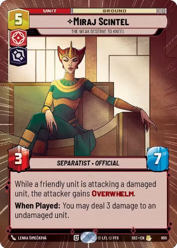 Miraj Scintel - The Weak Deserve to Kneel (Hyperspace Foil) (895), Secrets of Power — Star Wars card price