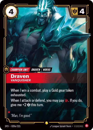 Draven, Vanquisher (Alternate Art) (020a/221), Spiritforged — Riftbound card price