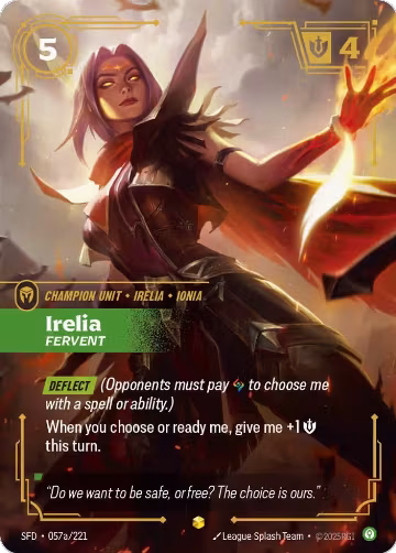 Irelia, Fervent (Alternate Art) (057a/221), Spiritforged — Riftbound card price