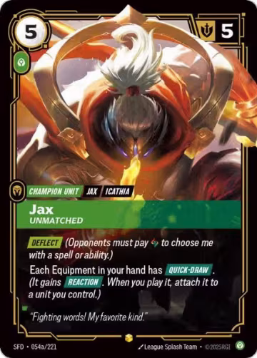 Jax, Unmatched (Alternate Art) (054a/221), Spiritforged — Riftbound card price