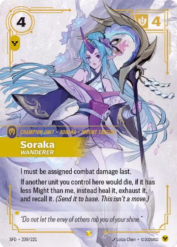 Soraka, Wanderer (Overnumbered) (239/221), Spiritforged — Riftbound card price