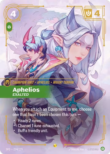 Aphelios, Exalted (Overnumbered) (224/221), Spiritforged — Riftbound card price