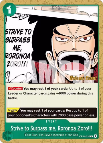 Strive to Surpass me, Roronoa Zoro!!! (OP14-036), The Azure Sea's Seven Release Event Cards — One Piece card price