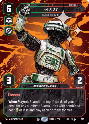 L3-37 - Radical Instigator (Prestige Foil) (829), A Lawless Time — Star Wars card price