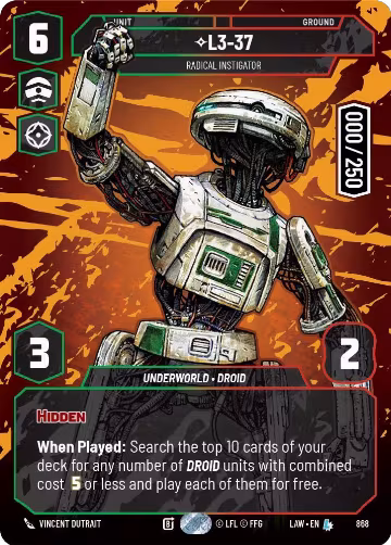 L3-37 - Radical Instigator (Serialized) (868), A Lawless Time — Star Wars card price