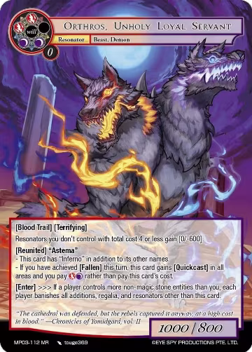 Orthros, Unholy Loyal Servant (MP03-112 MR), Masterpiece Collection 03 "Dimensional Hope" — Force of Will card price