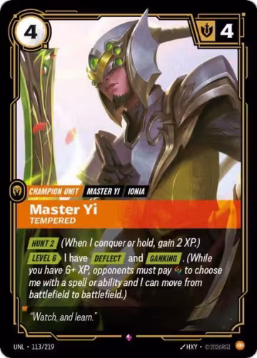 Master Yi, Tempered (113/219), Unleashed — Riftbound card price