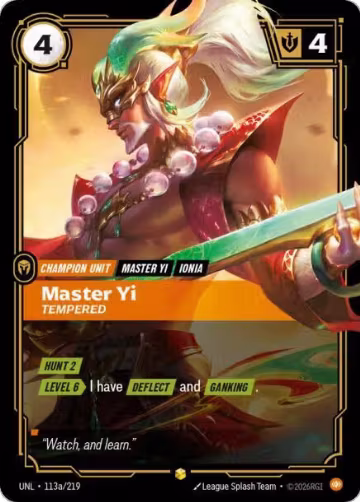 Master Yi, Tempered (Alternate Art) (113a/219), Unleashed — Riftbound card price