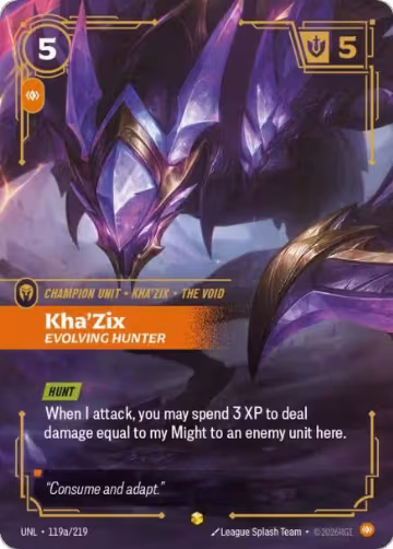 Kha'Zix, Evolving Hunter (Alternate Art) (119a/219), Unleashed — Riftbound card price