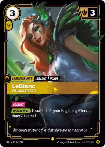 LeBlanc, Fragmented (Alternate Art) (172a/219), Unleashed — Riftbound card price