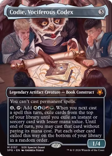 Codie, Vociferous Codex (Borderless) (157), Special Guests — Magic card price