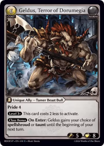 Geldus, Terror of Dorumegia (010), Radiant Origins Event Pack — Grand Archive card price