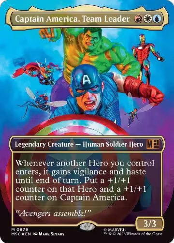 Captain America, Team Leader (Borderless) (Surge Foil) (879), Commander: Marvel Super Heroes — Magic card price