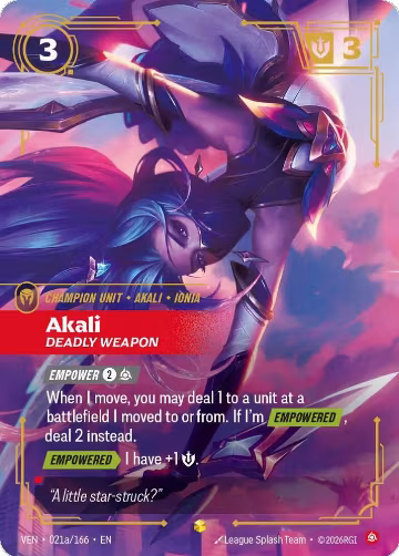 Akali, Deadly Weapon (Alternate Art) (021a/166), Vendetta — Riftbound card price
