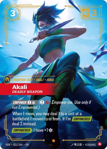 Akali, Deadly Weapon (021/166), Vendetta — Riftbound card price