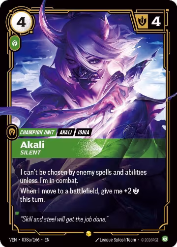 Akali, Silent (Alternate Art) (038a/166), Vendetta — Riftbound card price