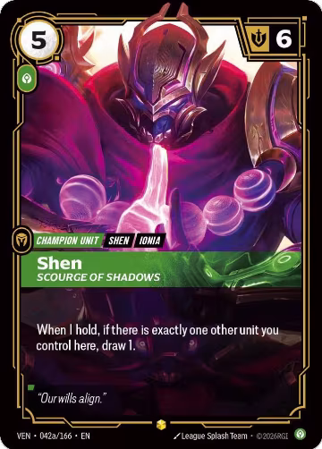 Shen, Scourge of Shadows (Alternate Art) (042a/166), Vendetta — Riftbound card price