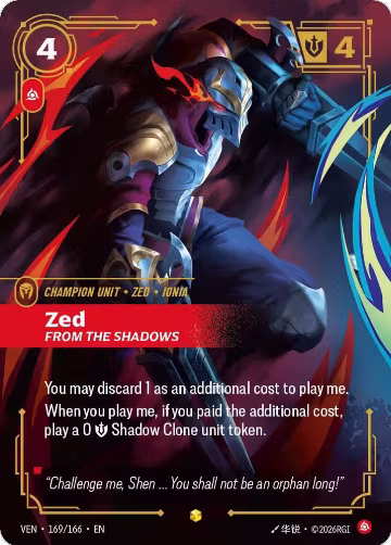Zed, From the Shadows (Overnumbered) (169/166), Vendetta — Riftbound card price