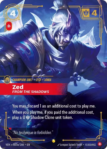 Zed, From the Shadows (Alternate Art) (023a/166), Vendetta — Riftbound card price