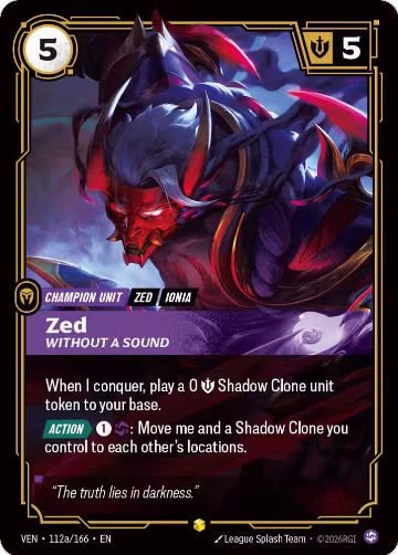 Zed, Without a Sound (Alternate Art) (112a/166), Vendetta — Riftbound card price