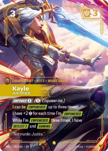 Kayle, Justified (Overnumbered) (185/166), Vendetta — Riftbound card price
