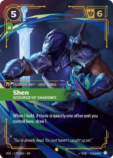 Shen, Scourge of Shadows (Overnumbered) (170/166), Vendetta — Riftbound card price